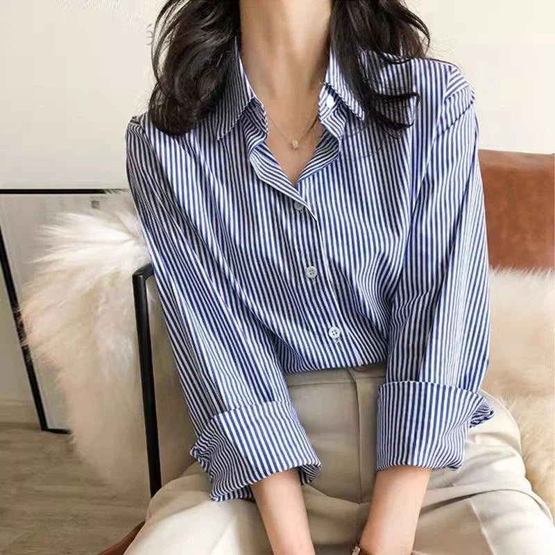 Women’s Striped Stand Collar Lantern Sleeve Blouse