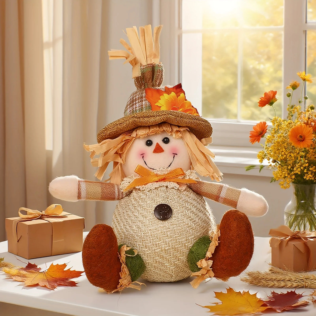 Rustic Autumn Scarecrow Wall Decor with Plaid & Sunflower Accents