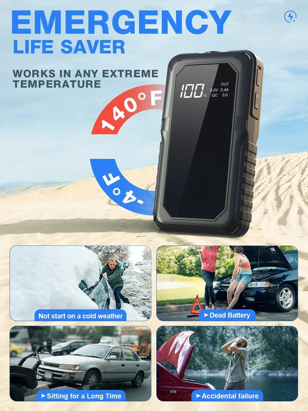 2000A Heavy-Duty Car Jump Starter with Wireless Charging