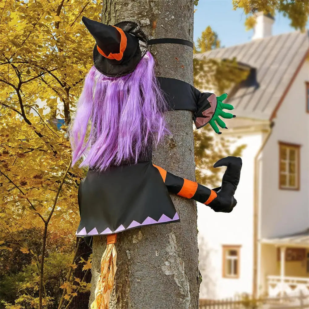 Halloween Witch Crash Yard Decoration – Flying Witch Tree Impact Outdoor Halloween Decor