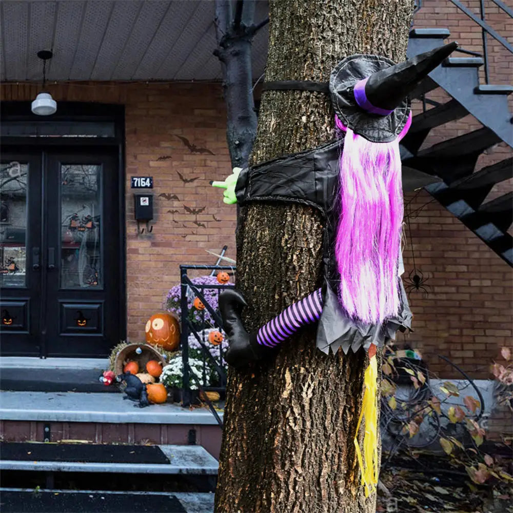 Halloween Witch Crash Yard Decoration – Flying Witch Tree Impact Outdoor Halloween Decor