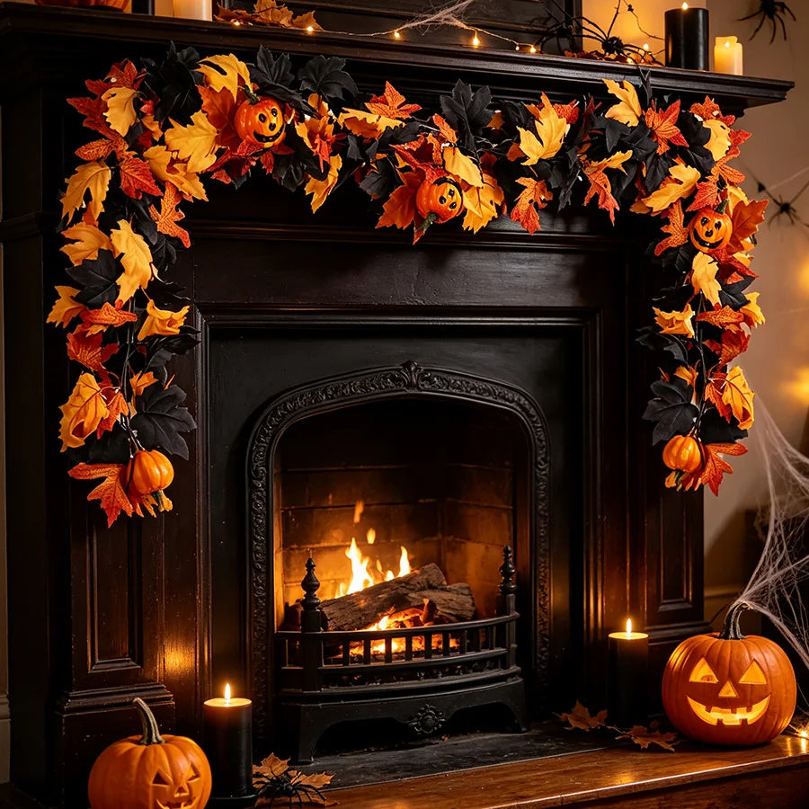 Halloween Pumpkin Leaf Garland – Black Fall Mantel & Home Décor 🎃🍂
