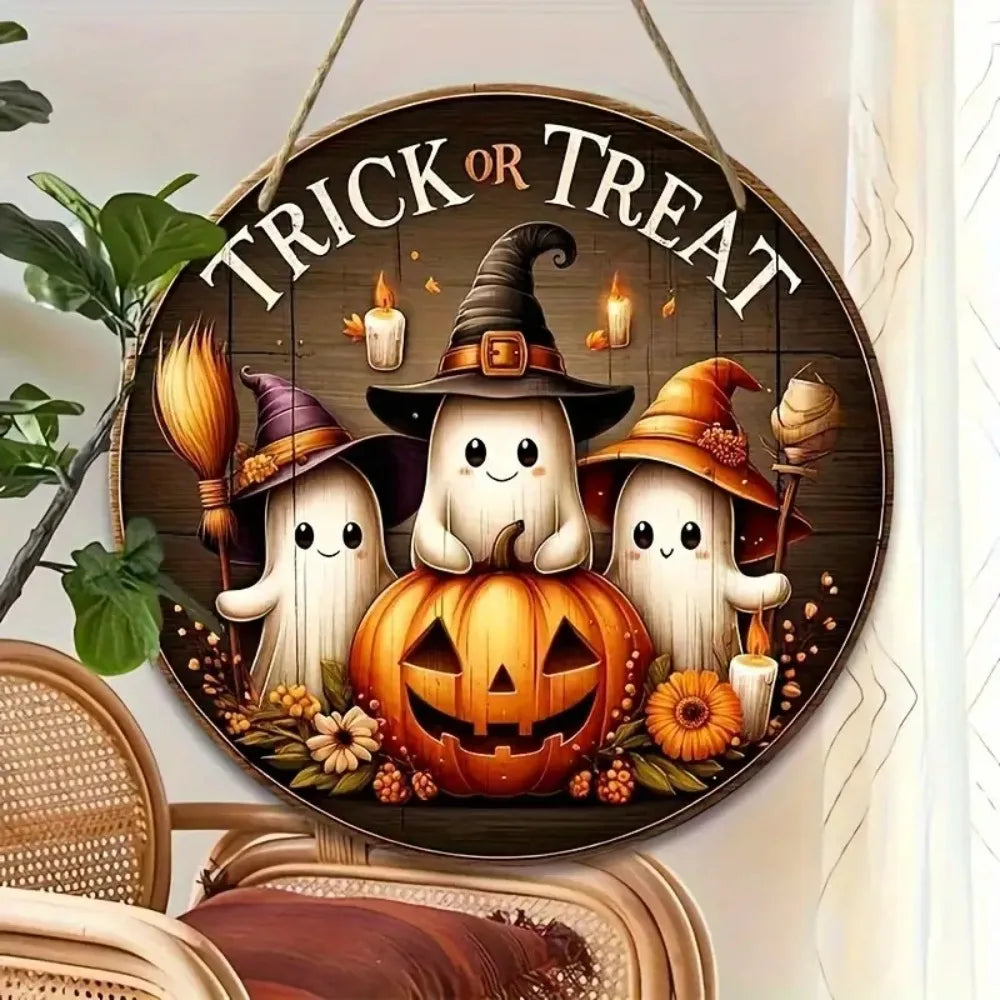Halloween Ghost & Pumpkin Wooden Door Sign