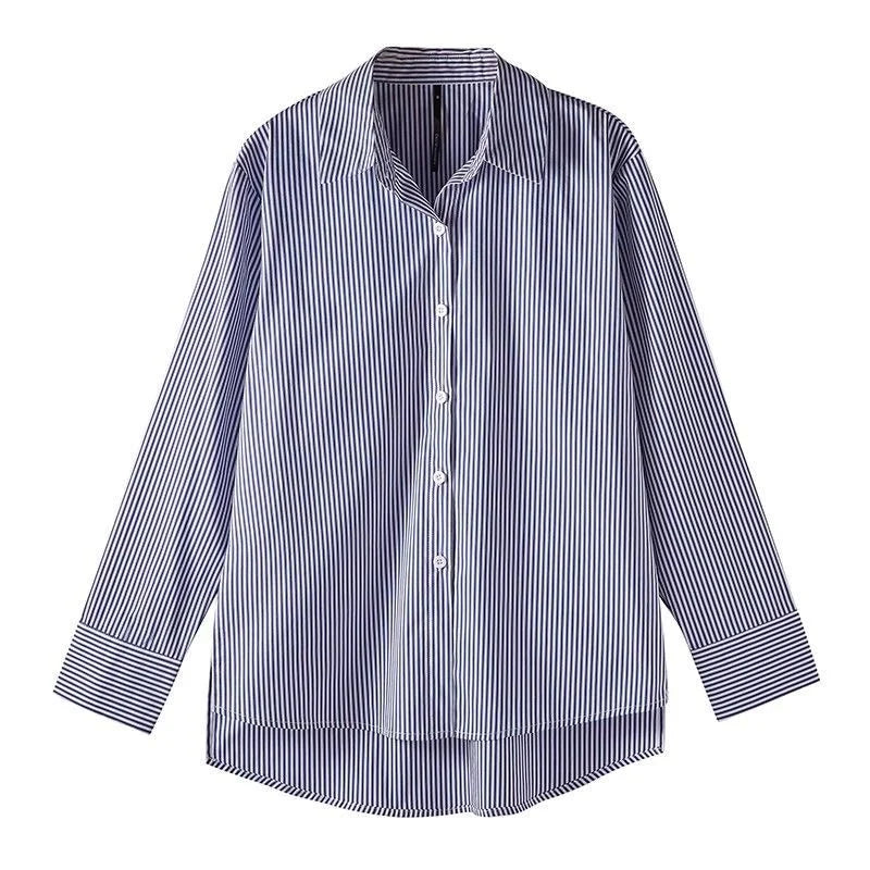 Women’s Striped Stand Collar Lantern Sleeve Blouse