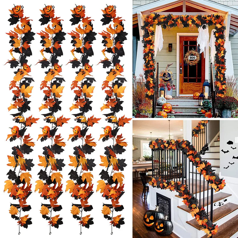Halloween Pumpkin Leaf Garland – Black Fall Mantel & Home Décor 🎃🍂