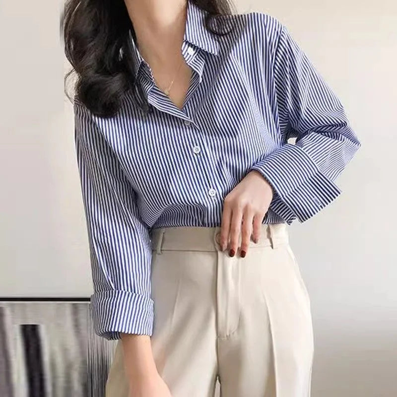 Women’s Striped Stand Collar Lantern Sleeve Blouse