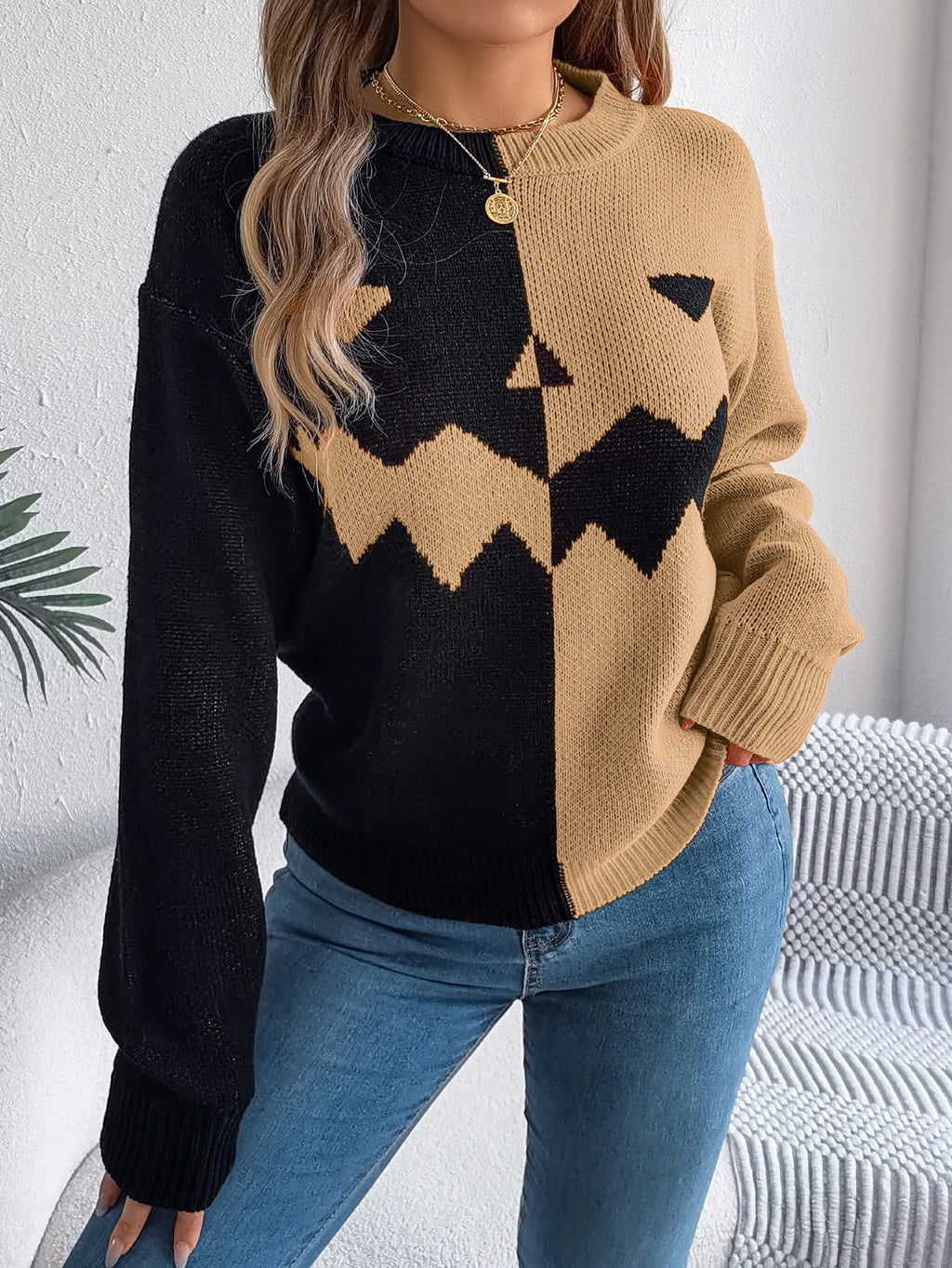 🎃 Pumpkin Patch Contrast Knit Sweater