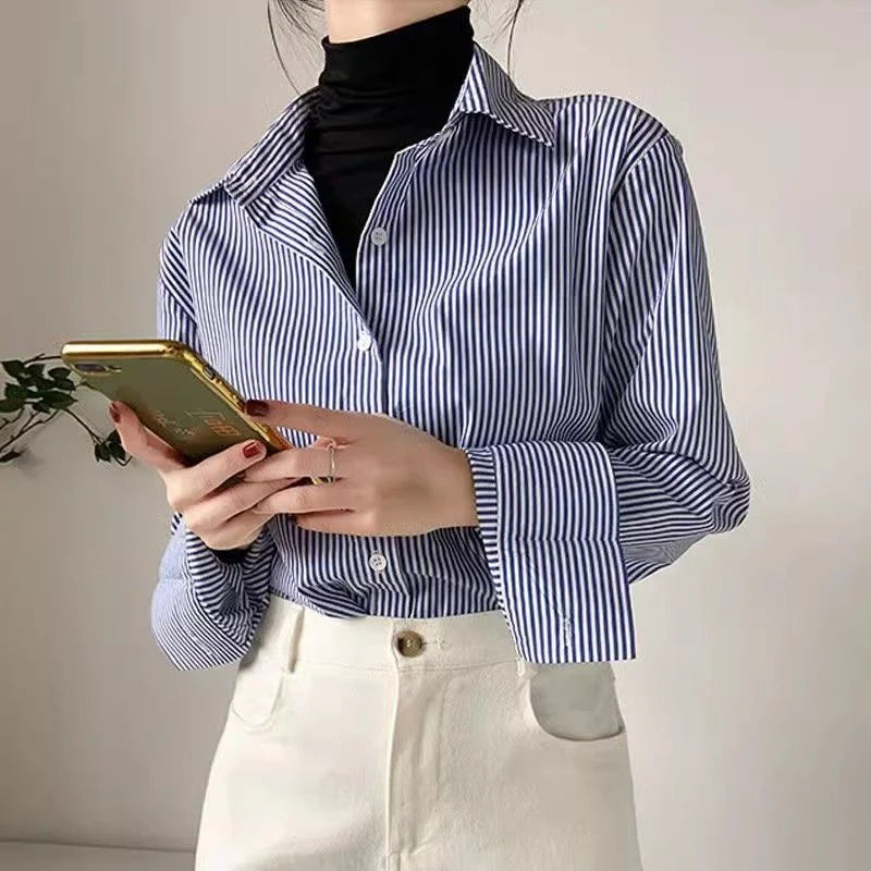 Women’s Striped Stand Collar Lantern Sleeve Blouse