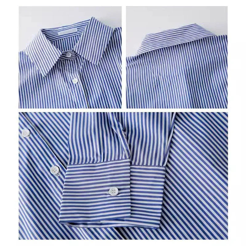 Women’s Striped Stand Collar Lantern Sleeve Blouse