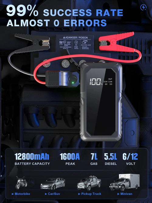 2000A Heavy-Duty Car Jump Starter with Wireless Charging