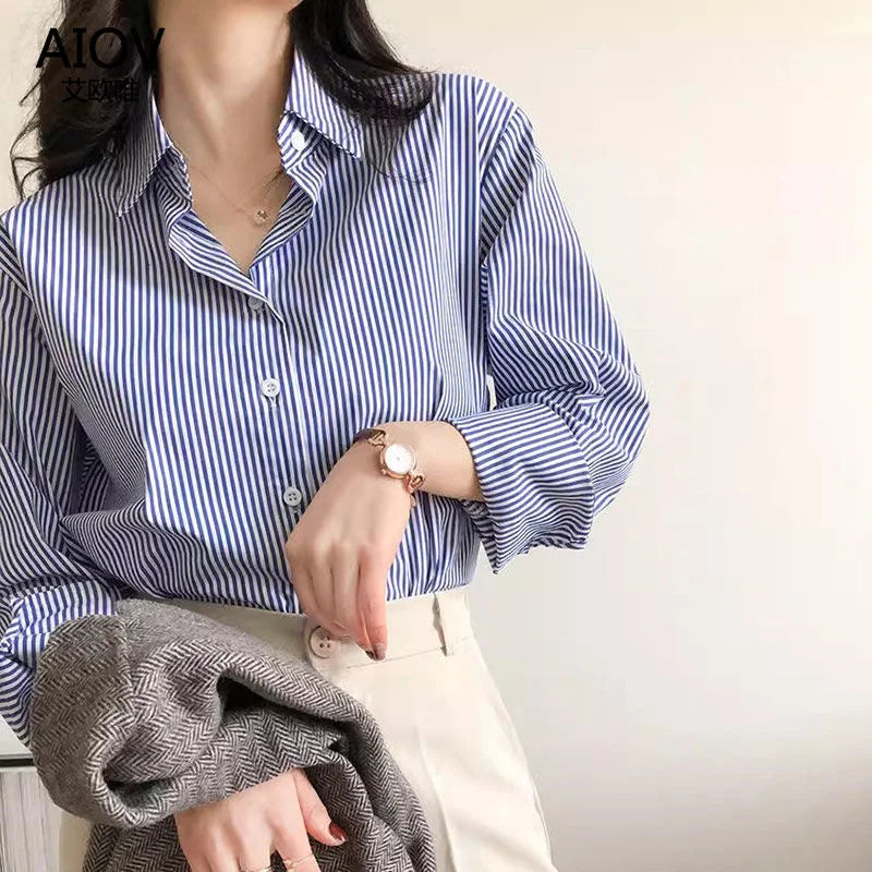 Women’s Striped Stand Collar Lantern Sleeve Blouse