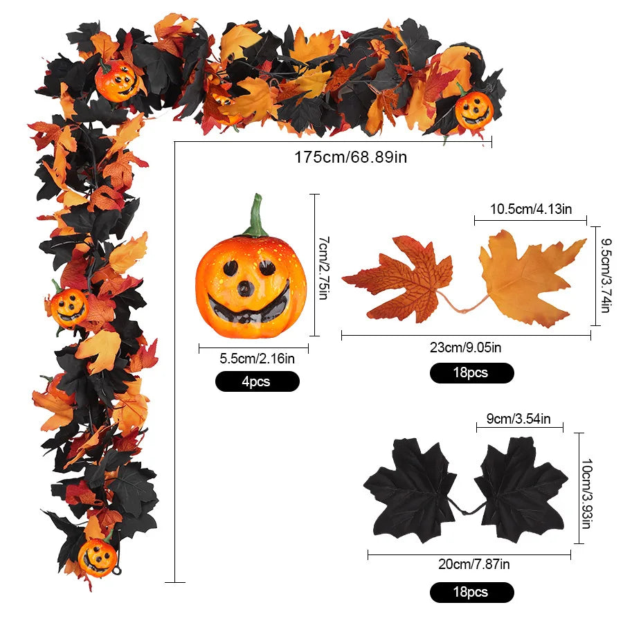 Halloween Pumpkin Leaf Garland – Black Fall Mantel & Home Décor 🎃🍂